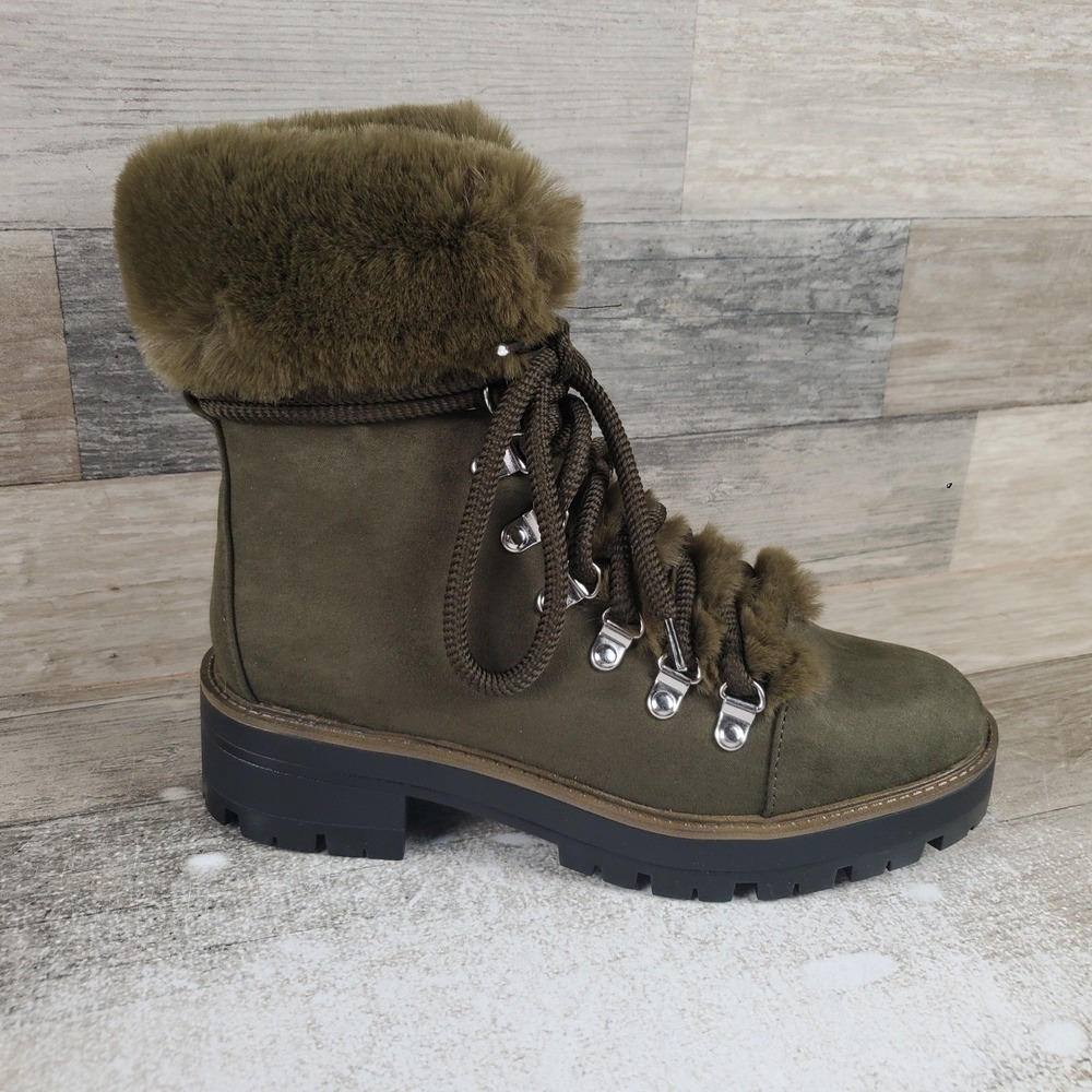 Esprit Kinsley Womens Combat Boots Sz 6 Green Faux Fur Trim & Lined Lace Up